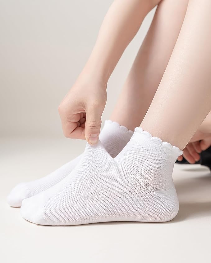 Girls White Ruffle Socks School Uniform Kids Cotton Crew Ankle Cute Frilly Dress Socks 6 Pack