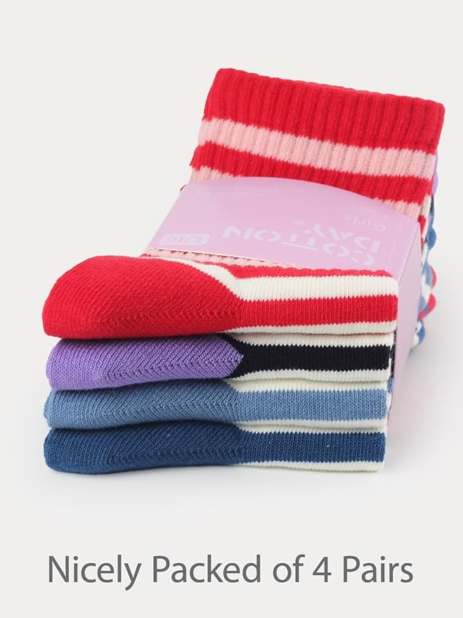 COTTON DAY Kids Girls Pink White Crew Athletic Socks with Retro Stripes Hearts