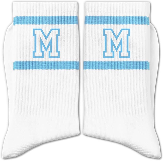 Light Blue and White Striped Crew Socks with the Letter， Classic Varsity Sports Style Monogram Socks