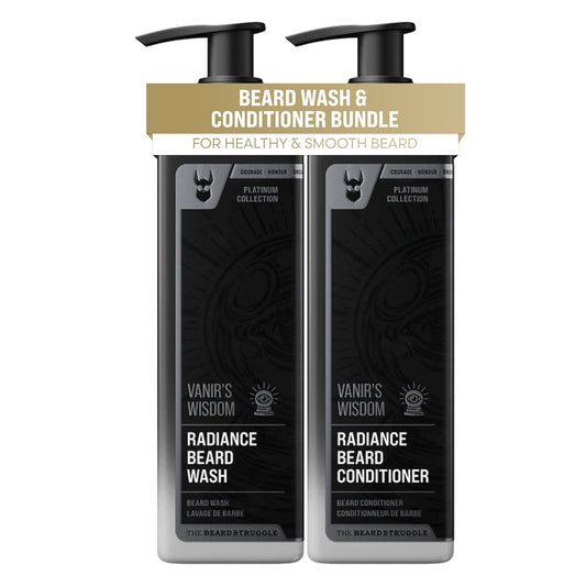 The Beard Struggle Radiance Beard Wash & Conditioner Bundle - Platinum Collection - Pack of 2 - Vanir's Wisdom - 8 Fl Oz each - For Men - Nourish, Cleanse, Soften, & Strengthen Beard