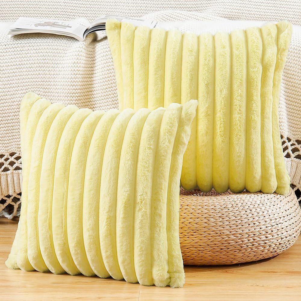 MADIZZ Set of 2 Faux Wool Plush Decorative Throw Pillow Covers 18x18 Inch Yellow Fluffy Striped Soft Decorative Cushion Cover for Sofa Bedroom Pillow Shell