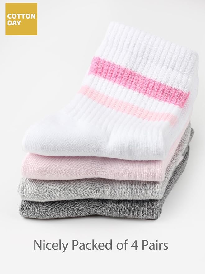 COTTON DAY Kids Girls Pink White Crew Athletic Socks with Retro Stripes Hearts