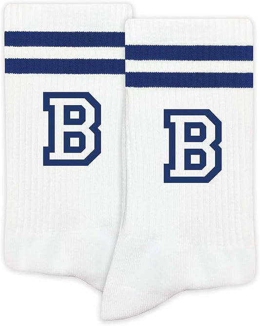 Striped Initial Socks with the Letter in Navy Blue, Socks for Adult, Teens, Men&Women Socks, Gifts for Friends, Family, etc.