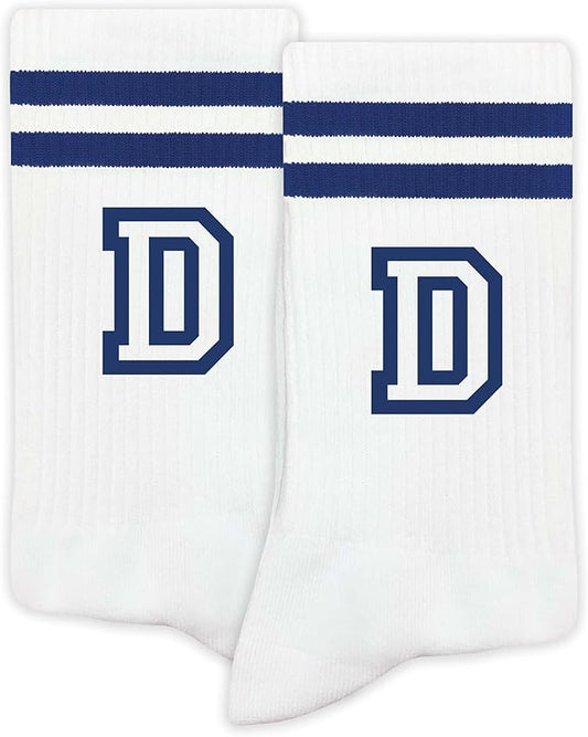 Striped Initial Socks with the Letter in Navy Blue, Socks for Adult, Teens, Men&Women Socks, Gifts for Friends, Family, etc.