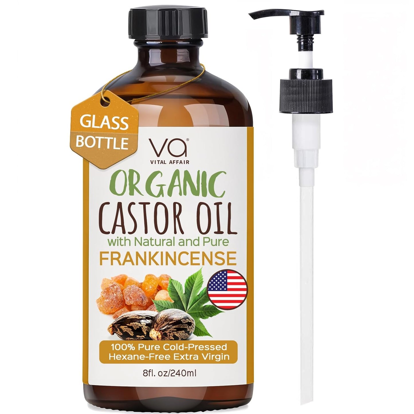 Organic Castor & Frankincense Oil Blend - 100% Pure and Natural, Cold Pressed, Unrefined Glass Bottle Castor and Frankincense Oil For Face & Hair Growth - 8oz