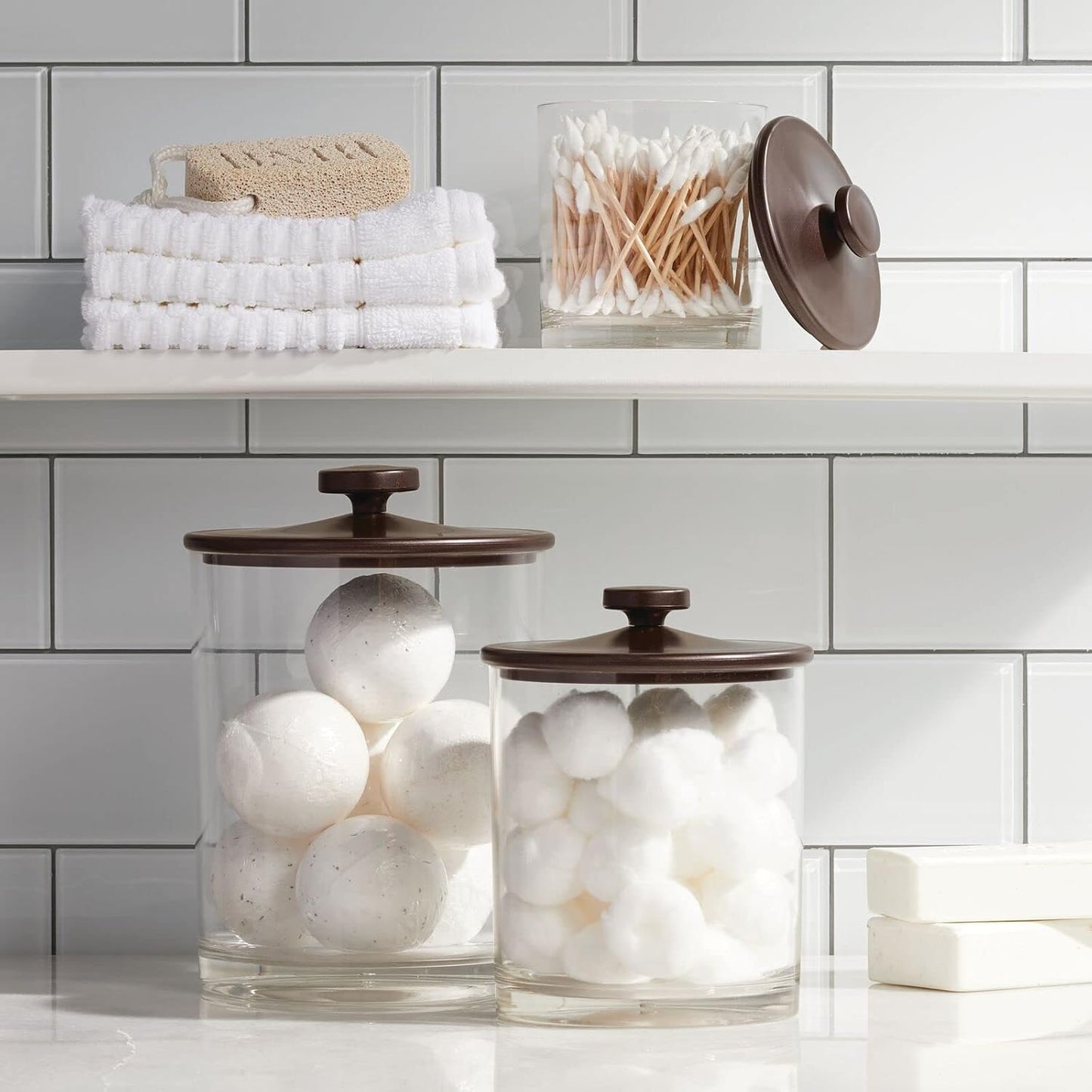 mDesign Medium Modern Apothecary Storage Organizer Canister Jars - Acrylic Containers for Bathroom, Organization Holder for Vanity, Counter, Makeup Table, Lumiere Collection, 2 Pack, Clear/Bronze