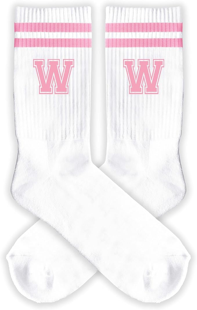 Pink And White-Striped Letter Socks, Sports Socks For Women, Pink Team socks, Friends And Family, Birthday Gift.