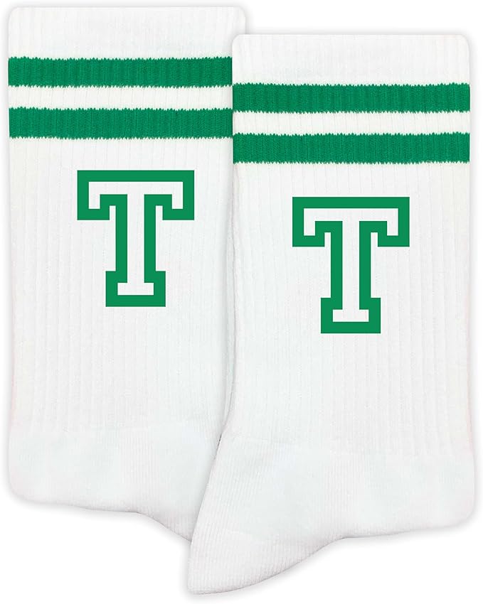 Striped Initial Socks with the Letter in Green, St. Patricks Day Socks Gifts for Family Friends, etc.