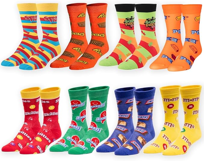 Crazy Socks–Snack Food Value Bundle – 8-Pack Novelty Crew Socks Gift Set Large Sizes for Men and Women, Soft & Comfortable