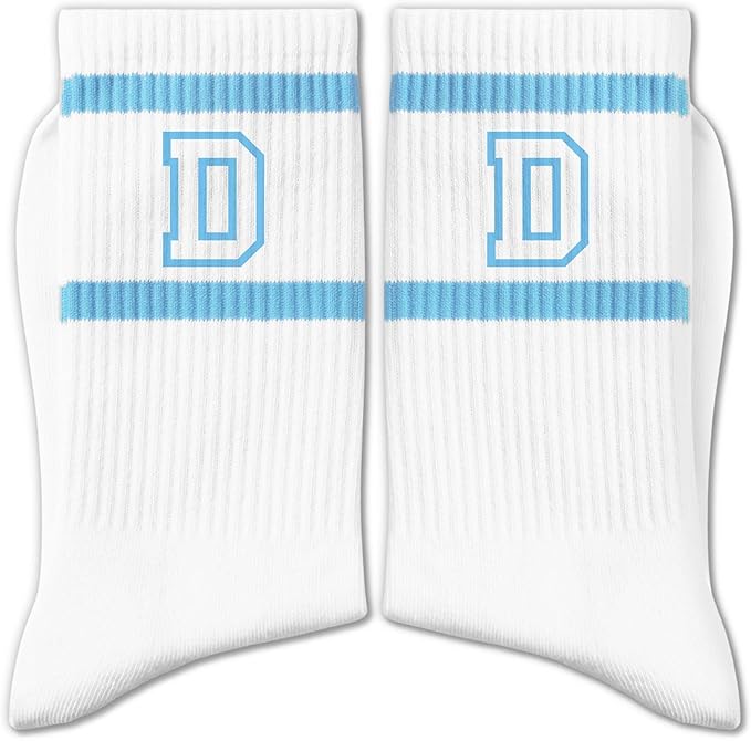 Light Blue and White Striped Crew Socks with the Letter， Classic Varsity Sports Style Monogram Socks