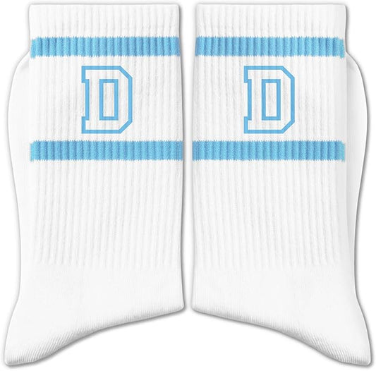 Light Blue and White Striped Crew Socks with the Letter， Classic Varsity Sports Style Monogram Socks