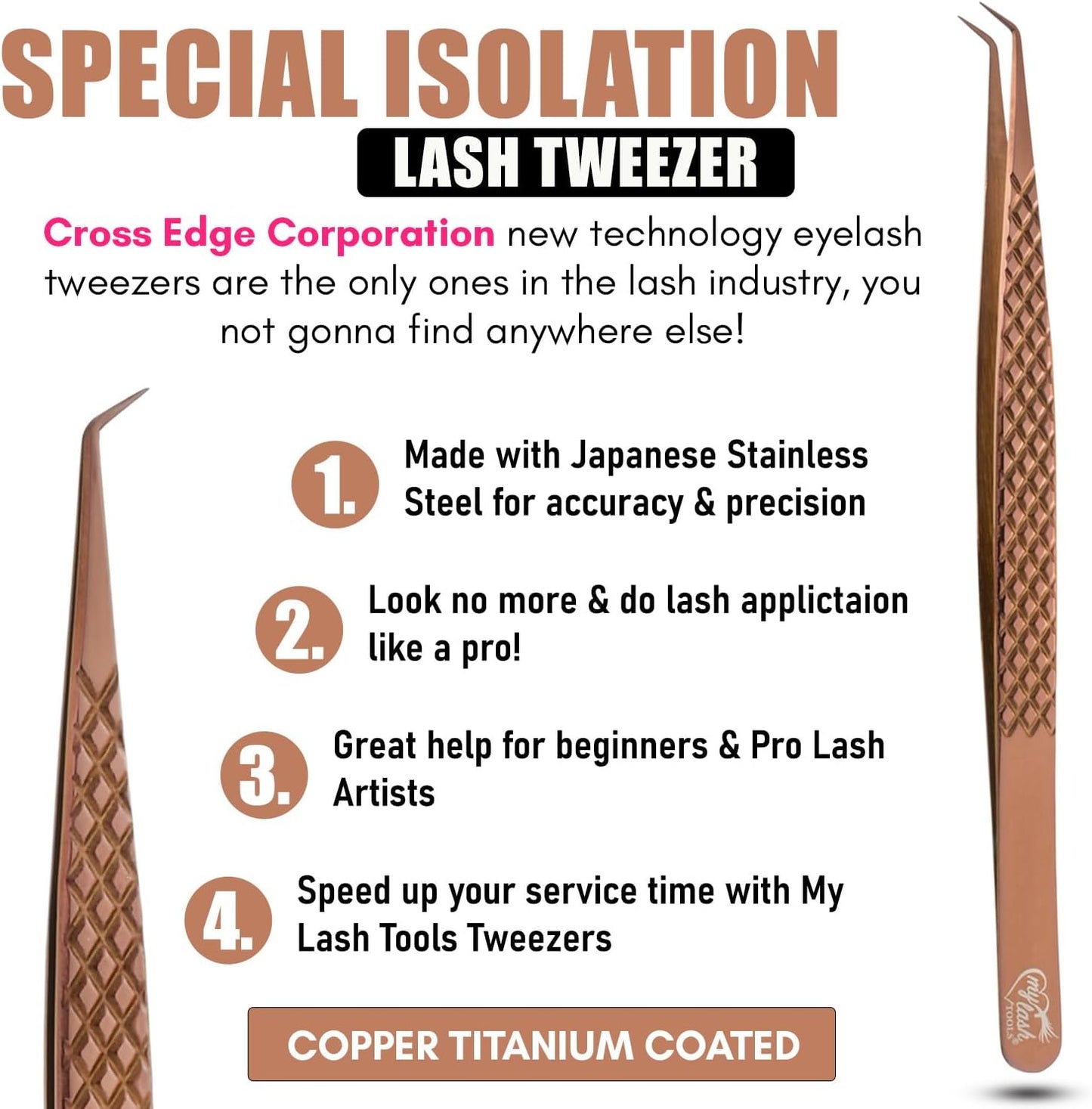 My Lash Tools Eyelash Extension Curved Degree Tweezers for Isolation Lash Extensions 14cm, Best for Individual Isolation & Classic Lashes Japanese Stainless Steel Eyelash Twisers (Copper x)