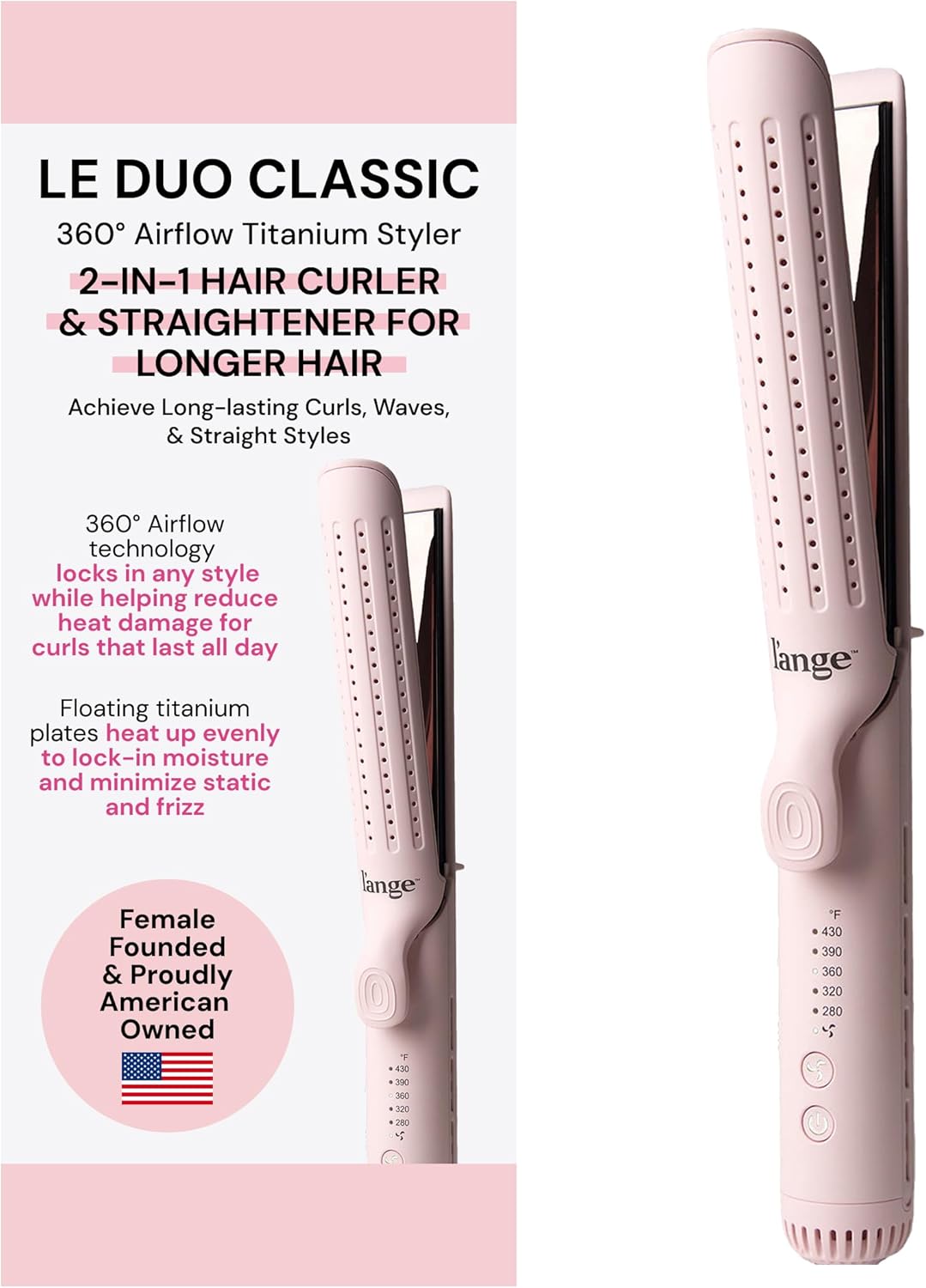 L'ANGE HAIR Le Duo Grande 360° Airflow Styler | 2-in-1 Curling Wand & Titanium Flat Iron Professional Hair Straightener and Curler with Cooling Air Vents to Lock in Style (Blush)