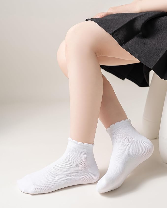 Girls White Ruffle Socks School Uniform Kids Cotton Crew Ankle Cute Frilly Dress Socks 6 Pack