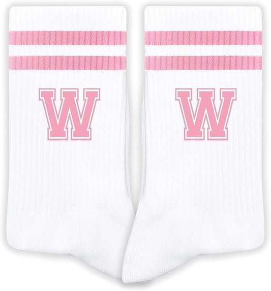 Pink And White-Striped Letter Socks, Sports Socks For Women, Pink Team socks, Friends And Family, Birthday Gift.