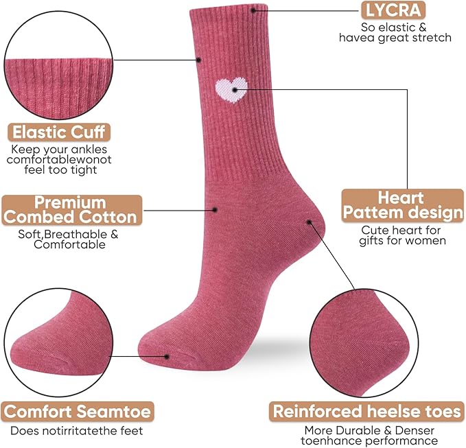 Corlap Women's Cute Cotton Crew Athletic Running Socks - Ankle High, Novelty Fun Heart Design 5-Pairs (Gift Box)