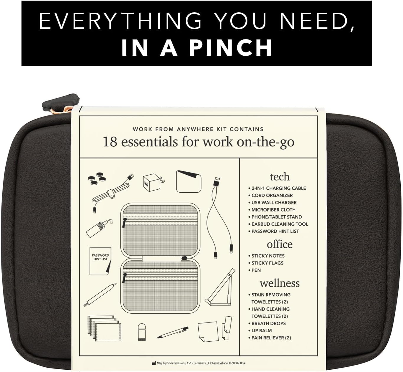 Pinch Provisions Work from Anywhere Kit, Includes 18 Essentials to Help You Stay on Task, Must-Have Essentials, Compact Multi-Functional Vegan Leather Pouch, Black