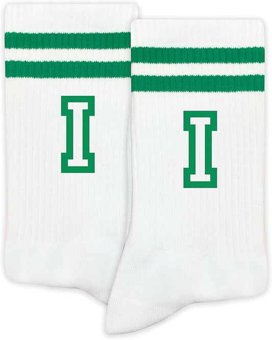 Striped Initial Socks with the Letter in Green, St. Patricks Day Socks Gifts for Family Friends, etc.