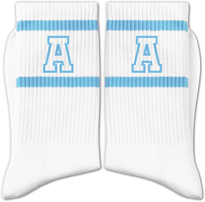 Light Blue and White Striped Crew Socks with the Letter， Classic Varsity Sports Style Monogram Socks