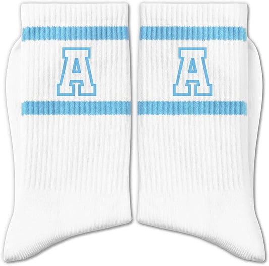 Light Blue and White Striped Crew Socks with the Letter， Classic Varsity Sports Style Monogram Socks