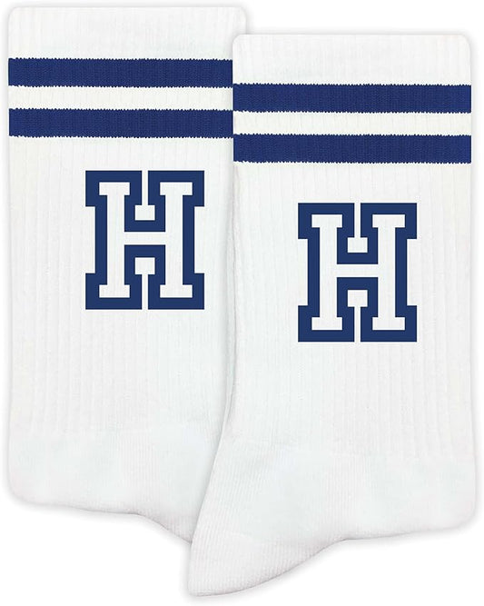 Striped Initial Socks with the Letter in Navy Blue, Socks for Adult, Teens, Men&Women Socks, Gifts for Friends, Family, etc.