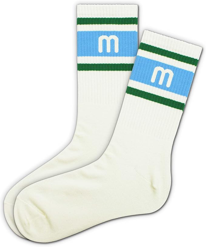Blue and Off-white Retro Striped Crew Socks with The Letter, Classic Initial Sporty Monogram Socks.