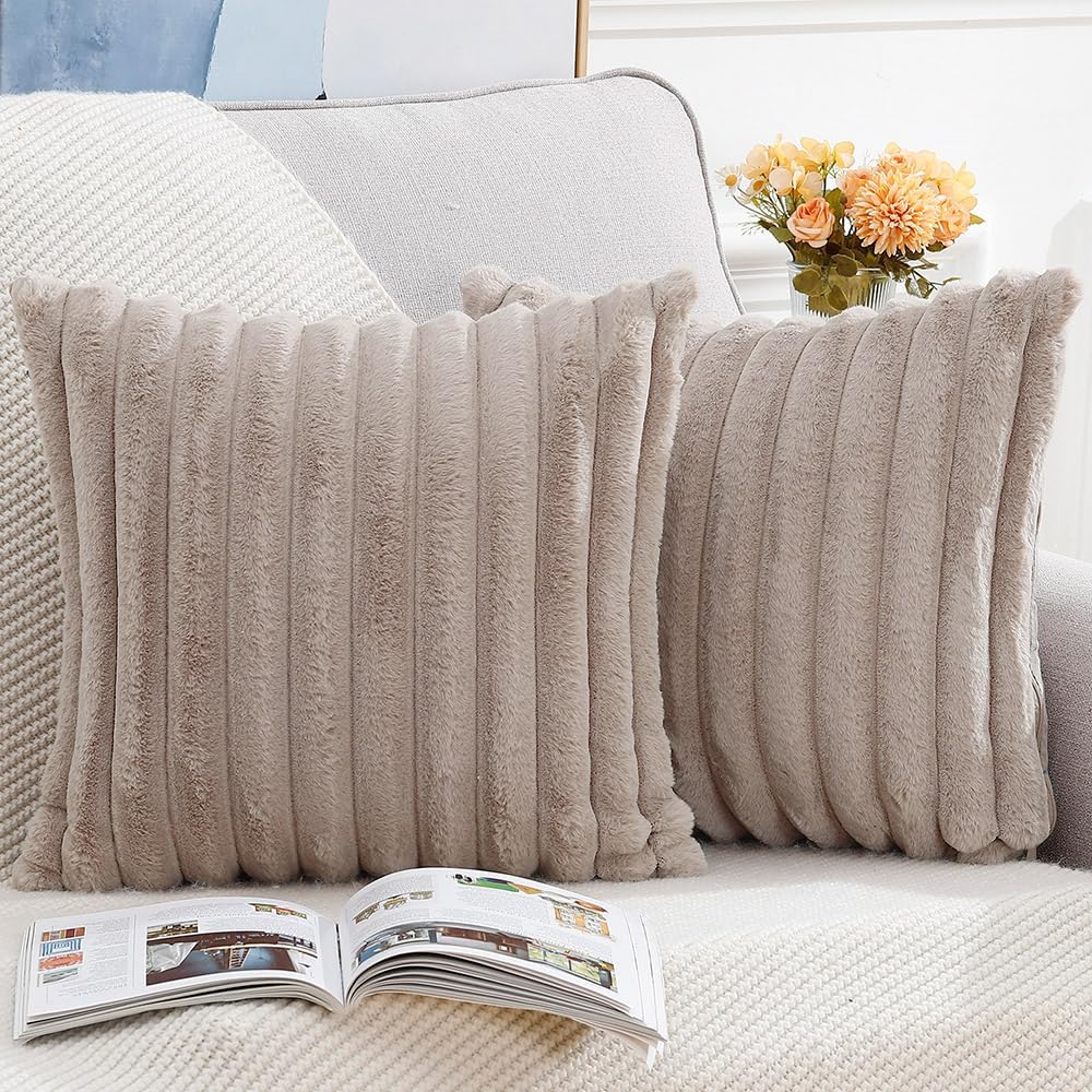 MADIZZ Set of 2 Faux Wool Plush Decorative Throw Pillow Covers 24x24 Inch Taupe Fluffy Striped Soft Decorative Cushion Cover for Sofa Bedroom Pillow Shell