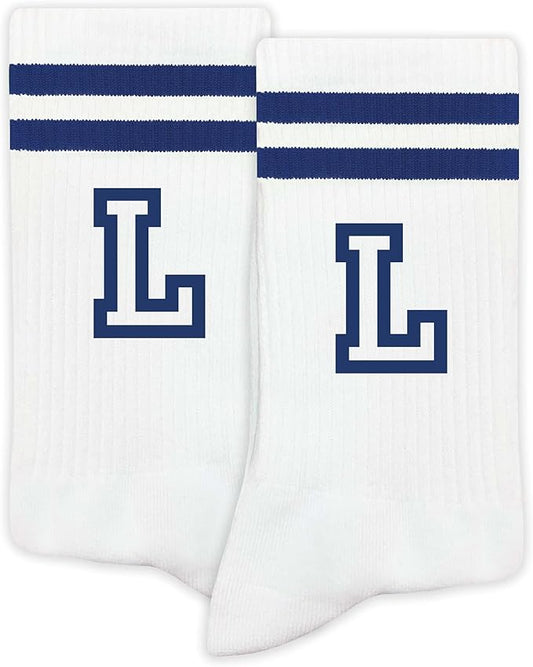 Striped Initial Socks with the Letter in Navy Blue, Socks for Adult, Teens, Men&Women Socks, Gifts for Friends, Family, etc.
