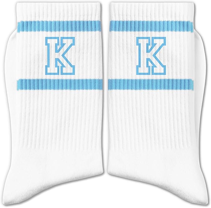 Light Blue and White Striped Crew Socks with the Letter， Classic Varsity Sports Style Monogram Socks