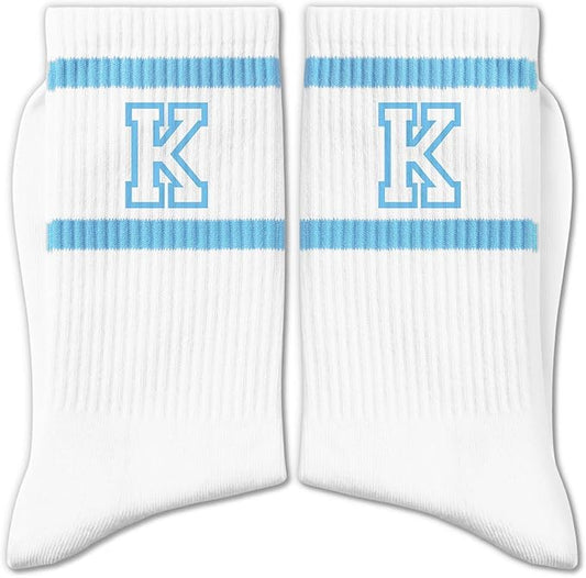 Light Blue and White Striped Crew Socks with the Letter， Classic Varsity Sports Style Monogram Socks