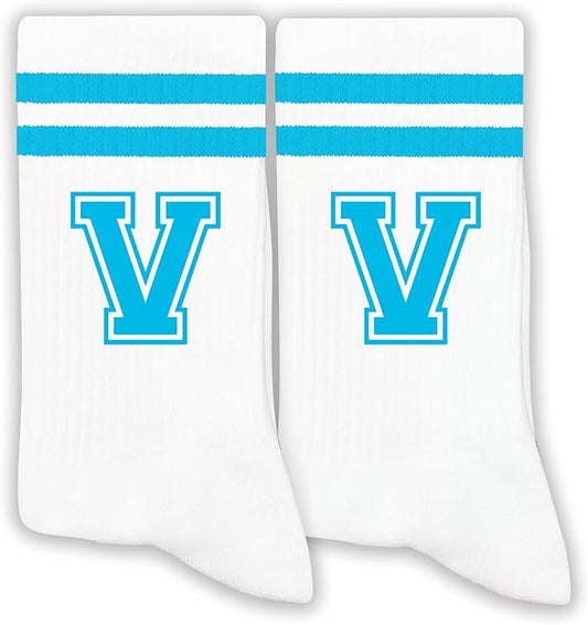Sky Blue Initial Stripes Socks,Letter Socks Gifts for Birthday,Christmas,Back-to-school Season,etc.