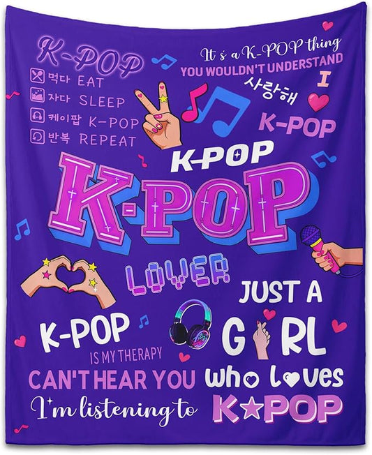 Kpop Gifts Blanket for Teen Girls - Music Gifts for Women Friends K-Pop Fans Lovers, Kpop Merch Stuff, Christmas Birthday Gifts for BFF Girls Women, Just A Girl Who Loves K-pop Blanket 80''x60''
