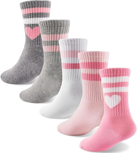 HONGTEYA Kids Socks for Girls Boys Soft Stretch Cotton Crew Seamless Athletic Socks School Uniform 4-12 Years 5 Packs