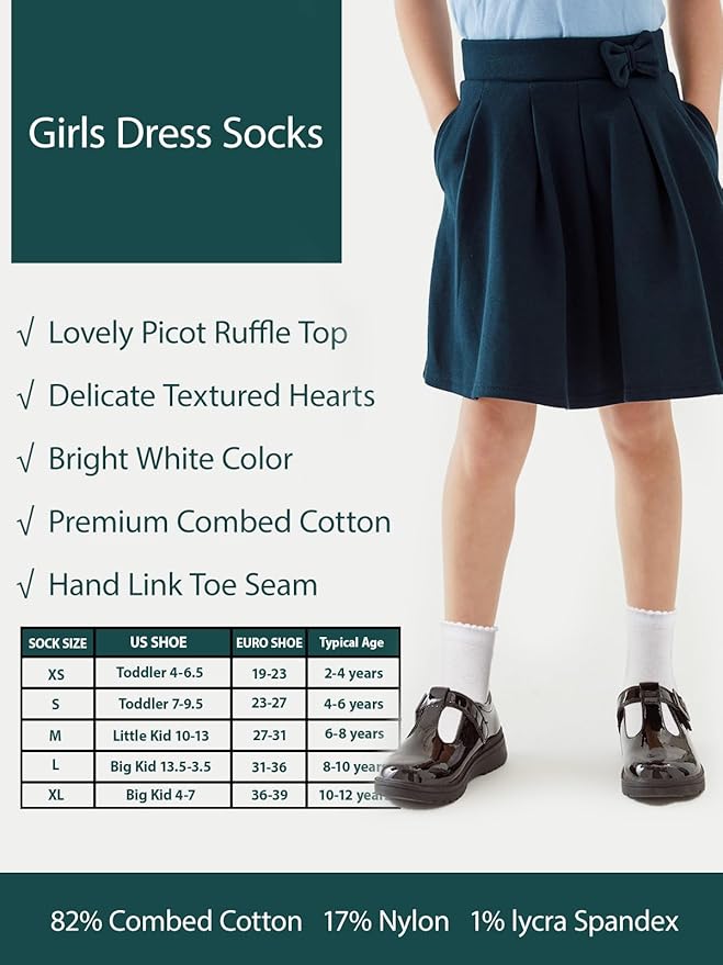 COTTON DAY Girls White Dressy Textured Short Socks Scallop Top Design 5 Pack