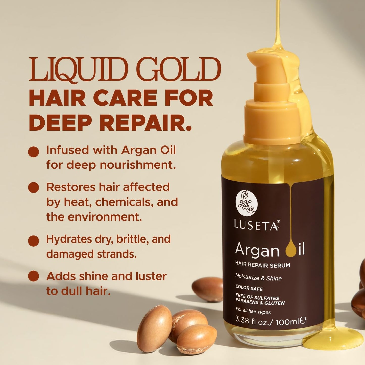 L LUSETA Argan Oil Hair Serum, 100% Pure Argan Oil for Frizzy Control Dry Damage , Repair, Shine Smoothing Strengthening & Nourishing, 3.38 Fluid Ounces