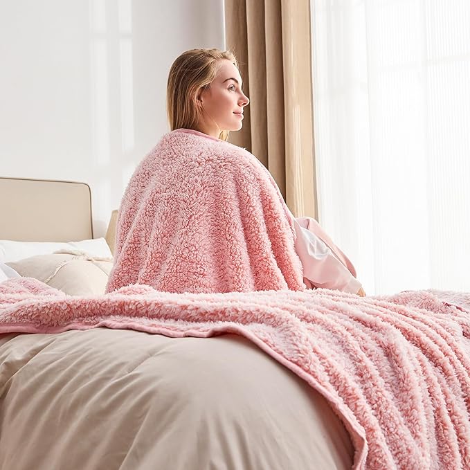 EMME Soft Sherpa Fleece Blanket Reversible Plush Fluffy Large Blanket, Light Weight Warm Decorative Boho Blanket Cover for Sofa, Couch, Bedroom,Travel(Plush Pink,60"x80")