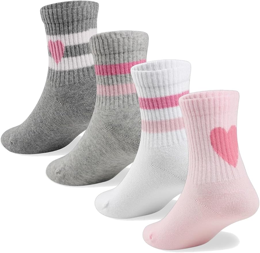 COTTON DAY Kids Girls Pink White Crew Athletic Socks with Retro Stripes Hearts