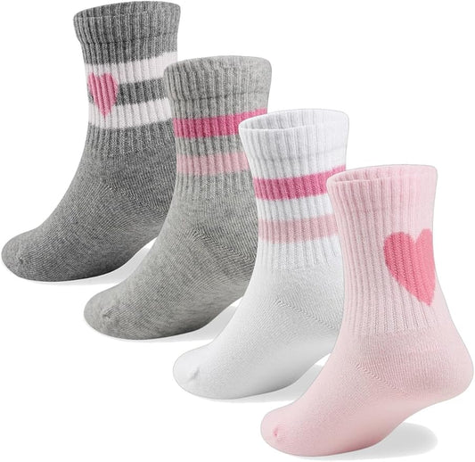 COTTON DAY Kids Girls Pink White Crew Athletic Socks with Retro Stripes Hearts