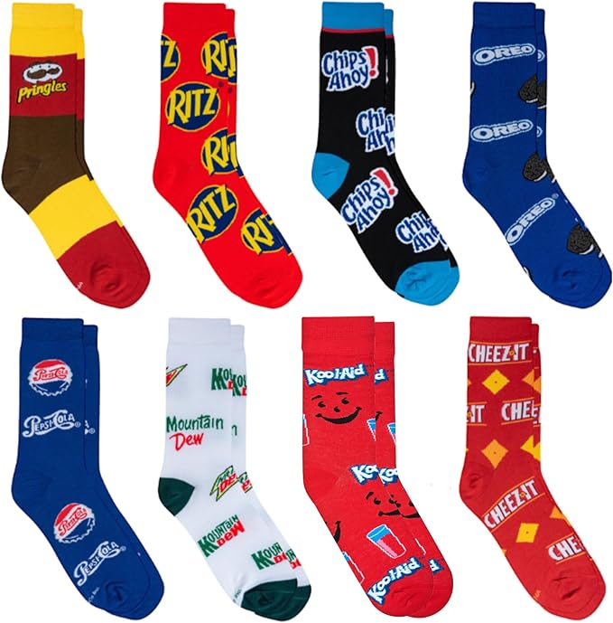 Crazy Socks–Snack Food Value Bundle – 8-Pack Novelty Crew Socks Gift Set Large Sizes for Men and Women, Soft & Comfortable