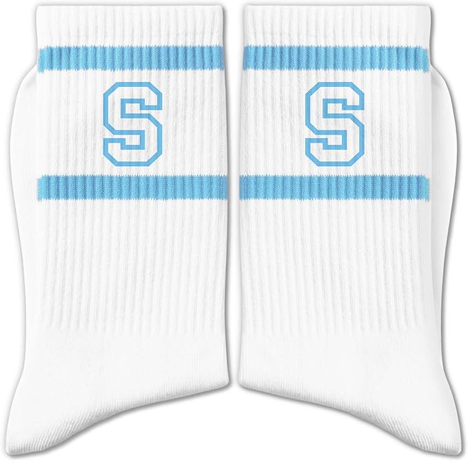 Light Blue and White Striped Crew Socks with the Letter， Classic Varsity Sports Style Monogram Socks