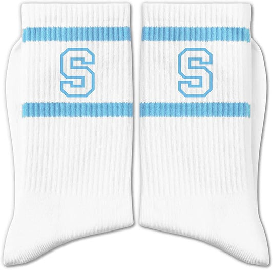 Light Blue and White Striped Crew Socks with the Letter， Classic Varsity Sports Style Monogram Socks