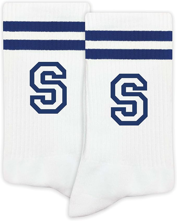 Striped Initial Socks with the Letter in Navy Blue, Socks for Adult, Teens, Men&Women Socks, Gifts for Friends, Family, etc.