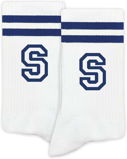 Striped Initial Socks with the Letter in Navy Blue, Socks for Adult, Teens, Men&Women Socks, Gifts for Friends, Family, etc.