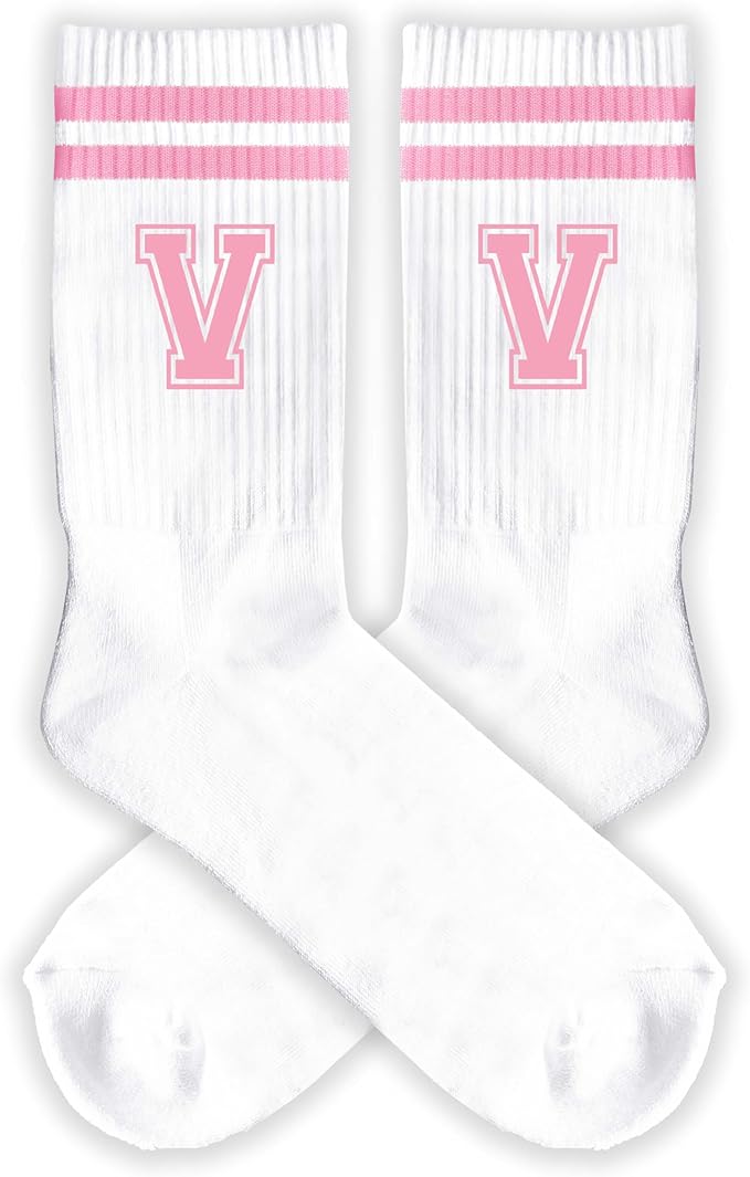 Pink And White-Striped Letter Socks, Sports Socks For Women, Pink Team socks, Friends And Family, Birthday Gift.