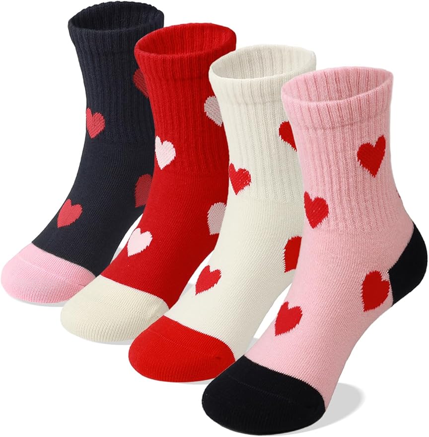 COTTON DAY Kids Girls Pink White Crew Athletic Socks with Retro Stripes Hearts