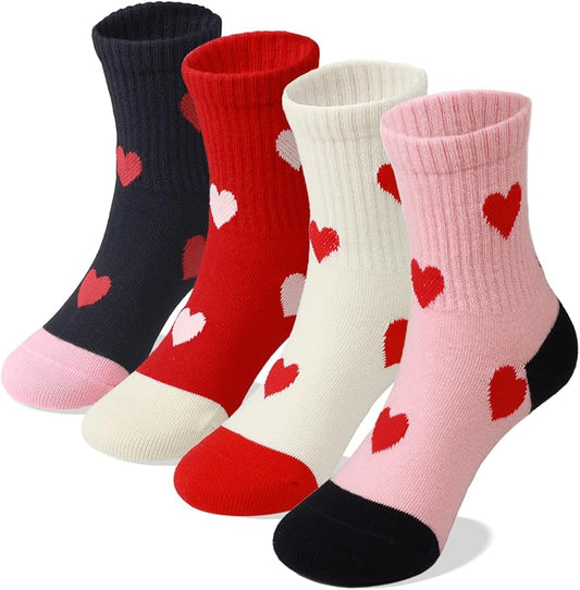 COTTON DAY Kids Girls Pink White Crew Athletic Socks with Retro Stripes Hearts
