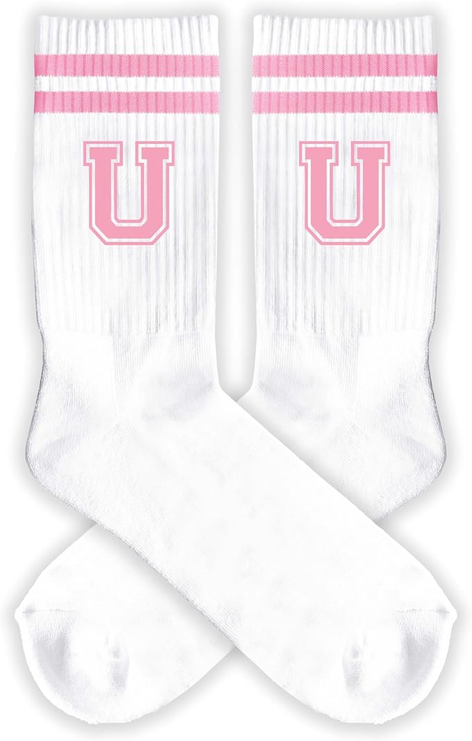 Pink And White-Striped Letter Socks, Sports Socks For Women, Pink Team socks, Friends And Family, Birthday Gift.