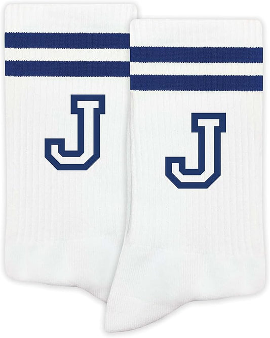 Striped Initial Socks with the Letter in Navy Blue, Socks for Adult, Teens, Men&Women Socks, Gifts for Friends, Family, etc.
