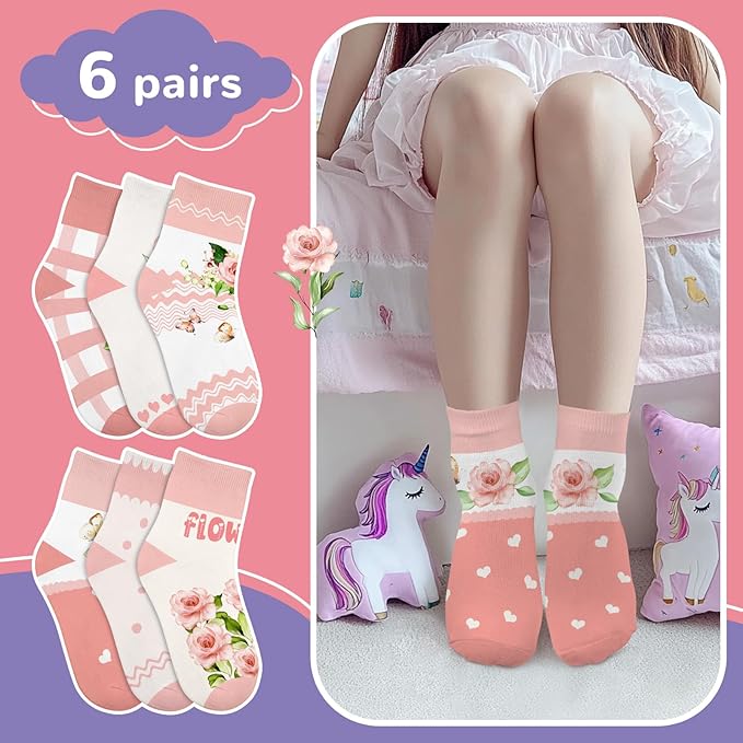 Queenshin Animal Flowers Dance Socks Girls Novelty Toddler Kids Crew Ankle Socks 6 Pairs 3-14Y Birthday Gift