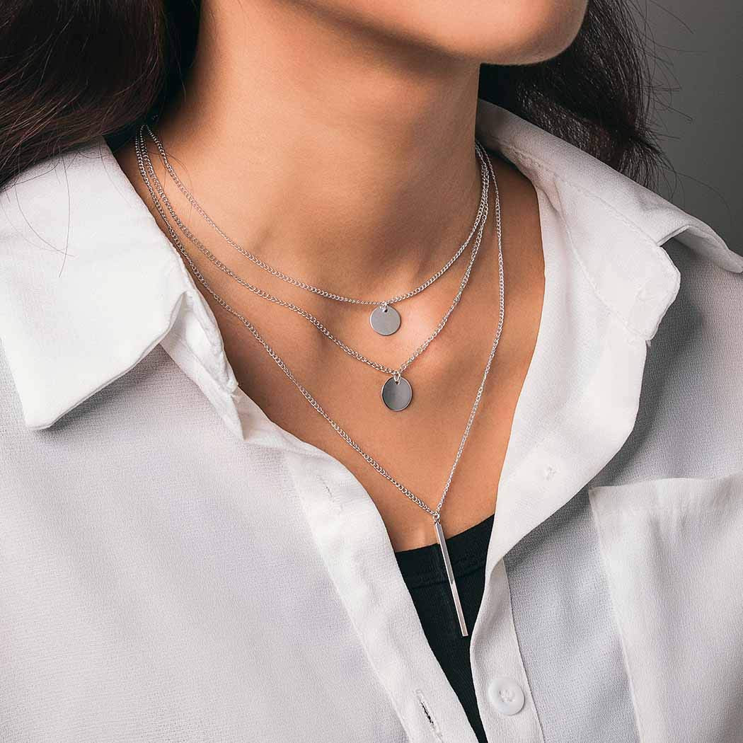 Boho Layered Necklaces Sequins Disc Silver Necklace Chain Short Bar Coin Pendant Delicate Dainty Charm Necklaces Jewelry for Women and Teen Girls